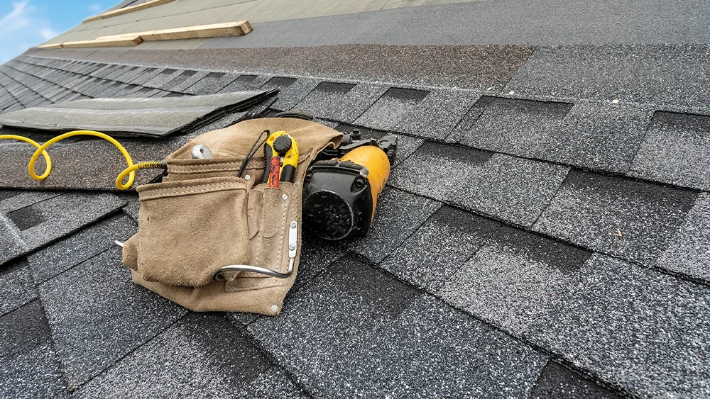 Tool belt with cutter knife and pneumatic nail gun on layer of installing asphalt or bitumen shingle on top of the new roof